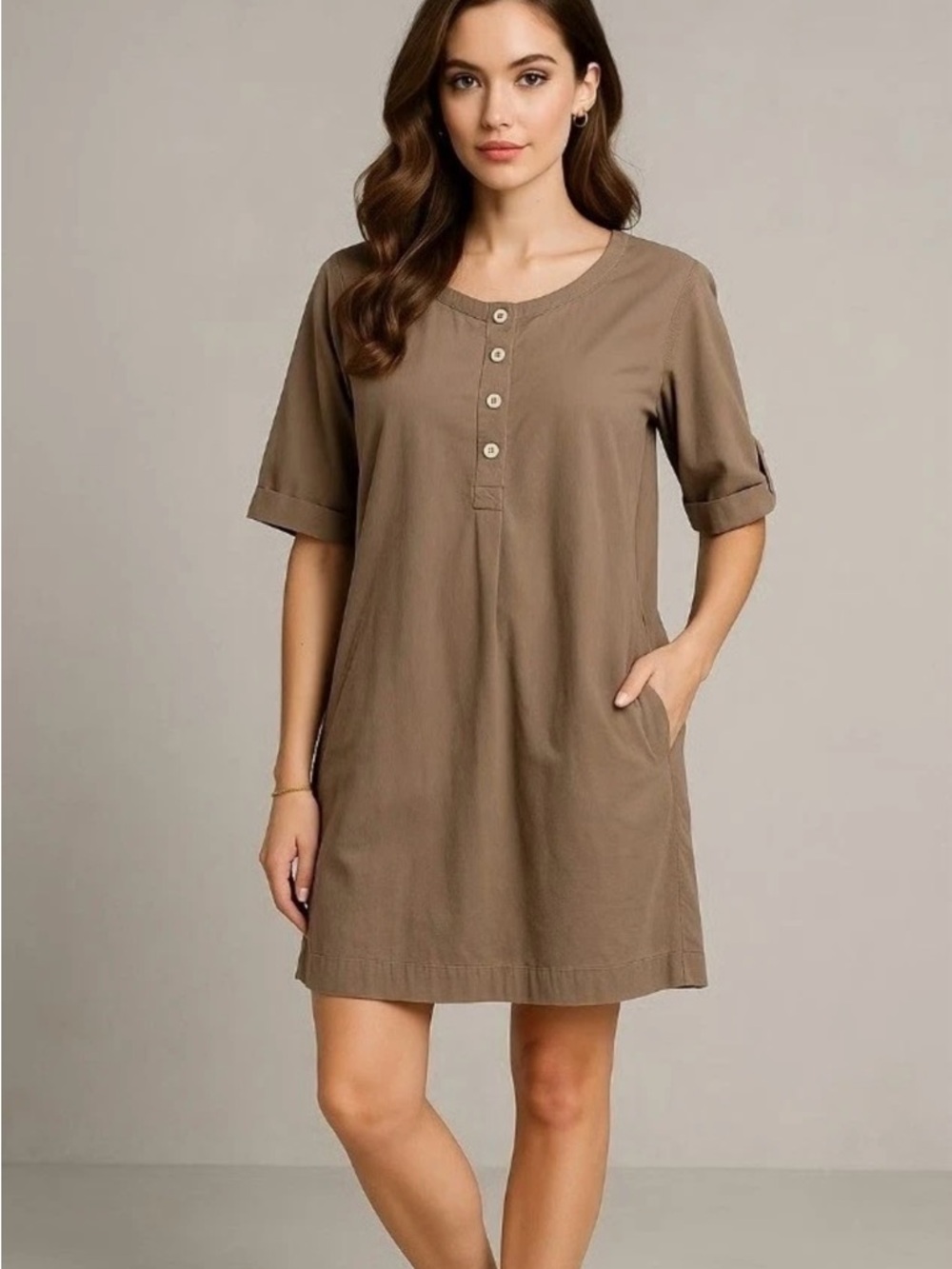 NWT J Jill Khaki Shirt Dress Size Large Silk Button Roll Tab Sleeve Workwear